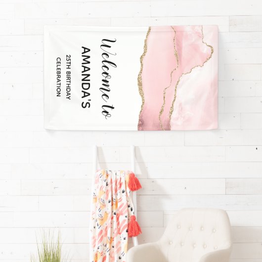 ピンク赤面アゲート付き金ゴールドリボンエレガント誕生日 横断幕 (インサイチュ)