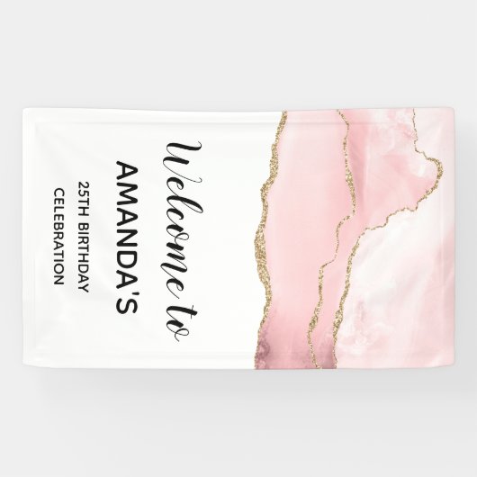 ピンク赤面アゲート付き金ゴールドリボンエレガント誕生日 横断幕 (横)