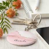 ピンク赤面アゲート金ゴールド付きエレガント キーホルダー (側面)