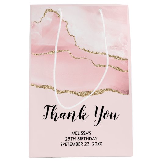 ピンク赤面アゲート&金ゴールドリボンありがとうパーティー ミディアムペーパーバッグ (正面)