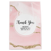 ピンク赤面アゲート&金ゴールドリボンサンキュービジネス ミディアムペーパーバッグ (正面)