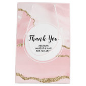ピンク赤面アゲート&金ゴールドリボンサンキュービジネス ミディアムペーパーバッグ (裏面)