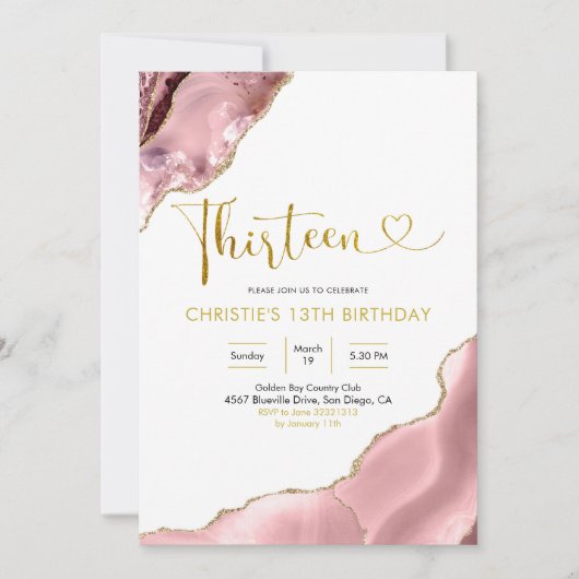 ピンク赤面アンド金ゴールドアゲートステアイン誕生日インヴィタ 招待状 (正面)