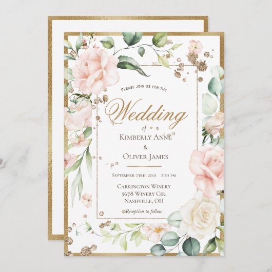 ピンク赤面ウォーターカラーロマンチック結婚フローラ 招待状 (正面/裏面)