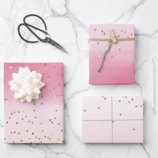 ピンク赤面ウオーターカラー金ゴールドグリッツスパークル ラッピングペーパーシート (正面)