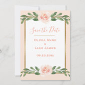 ピンク赤面エレガントフローラスクリプト結婚金ゴールド セーブザデート (正面)