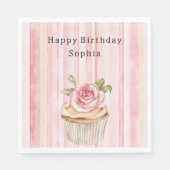 ピンク赤面クリームストライプバラカップケーキ誕生日 スタンダードランチョンナプキン (正面)