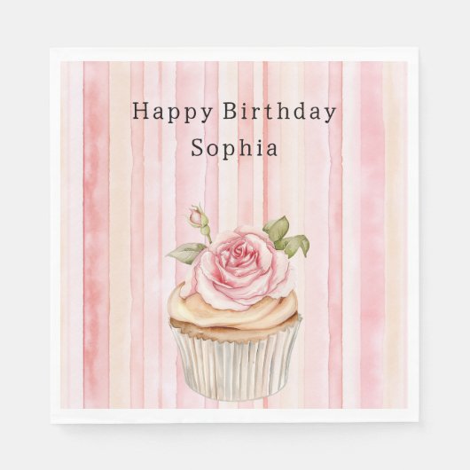 ピンク赤面クリームストライプバラカップケーキ誕生日 スタンダードランチョンナプキン (正面)