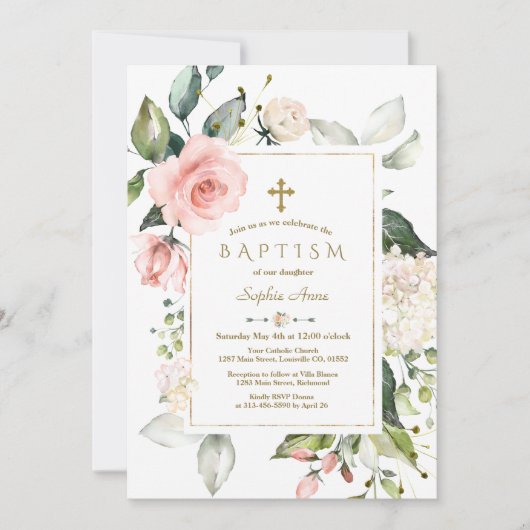 ピンク赤面クリームフローラフレーム金ゴールド洗礼 招待状 (正面)