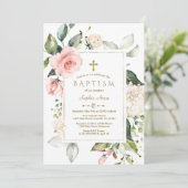 ピンク赤面クリームフローラフレーム金ゴールド洗礼 招待状 (スタンド正面)