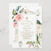 ピンク赤面クリームフローラフレーム金ゴールド洗礼 招待状 (正面/裏面)