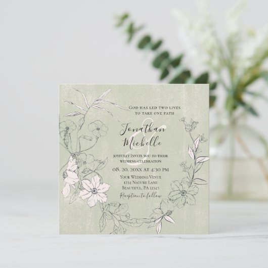 ピンク赤面グリーンフローラガーデンクリスチャン結婚ズ 招待状 (スタンド正面)