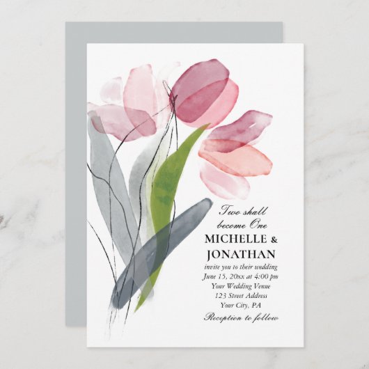 ピンク赤面グレイモダンチューリップ結婚ズ 招待状 (正面/裏面)