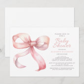 ピンク赤面コケットボウベビーエレガントガールシャワー 招待状 (正面/裏面)