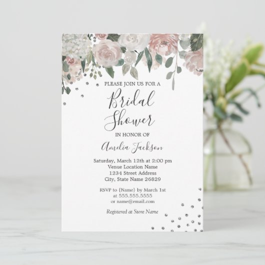ピンク赤面シルバーウォーター色フローラブライダルシャワー 招待状 (スタンド正面)