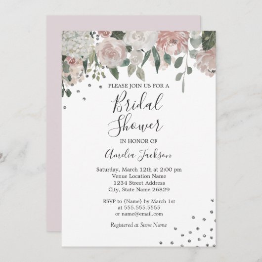 ピンク赤面シルバーウォーター色フローラブライダルシャワー 招待状 (正面/裏面)