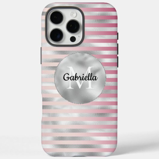 ピンク赤面シルバーストライプズモノグラム Case-Mate iPhoneケース (裏面)