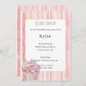 ピンク赤面ストライプフローラカップケーキ誕生日 招待状 (正面/裏面)