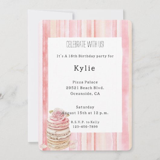 ピンク赤面ストライプマカロンバラフローラ誕生日 招待状 (正面)