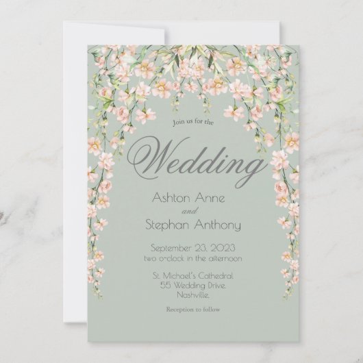 ピンク赤面セージ緑フローラワイルドフラワー結婚ズ 招待状 (正面)