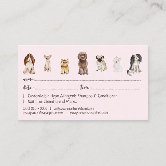 ピンク赤面ドッグトリマーペットアポイントメント 名刺 (裏面)