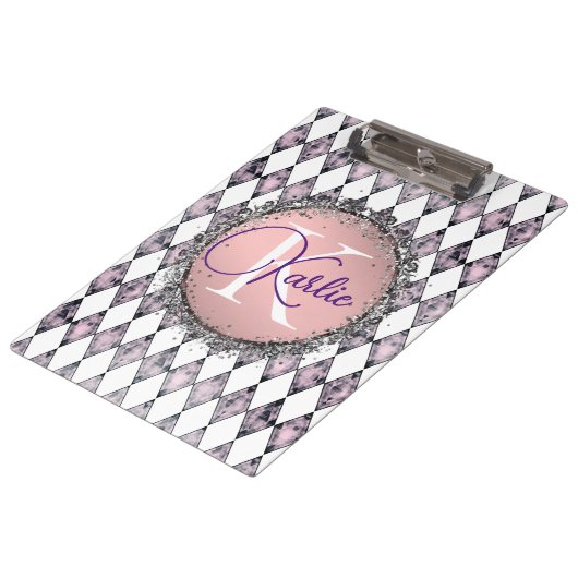 ピンク赤面ハーレクインモノグラム クリップボード (アングル)