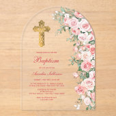 ピンク赤面バラアーチバプテスマ アクリル招待状 (正面)