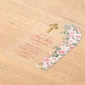 ピンク赤面バラアーチファースト聖餐式 アクリル招待状 (レイダウン)