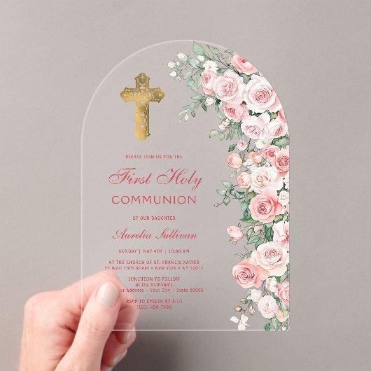 ピンク赤面バラアーチファースト聖餐式 アクリル招待状 (インサイチュ (ポータブル))