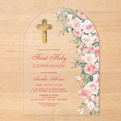 ピンク赤面バラアーチファースト聖餐式 アクリル招待状 (正面)