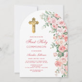 ピンク赤面バラアーチファースト聖餐式 招待状 (正面)