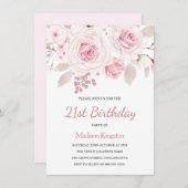 ピンク赤面バラエレガント女性21歳パーティー 招待状 (正面/裏面)