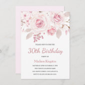 ピンク赤面バラエレガント女性30th Birthdayパーティー 招待状 (正面/裏面)