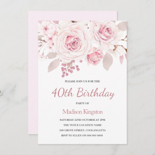 ピンク赤面バラエレガント女性40th誕生日パーティー 招待状 (正面/裏面)