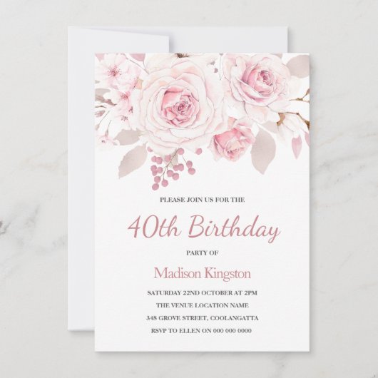 ピンク赤面バラエレガント女性40th誕生日パーティー 招待状 (正面)