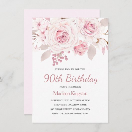 ピンク赤面バラエレガント90thバースデーパーティー 招待状 (正面/裏面)