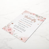 ピンク赤面バラバタフライベビーシャワー 箔招待状 (回転した状態)