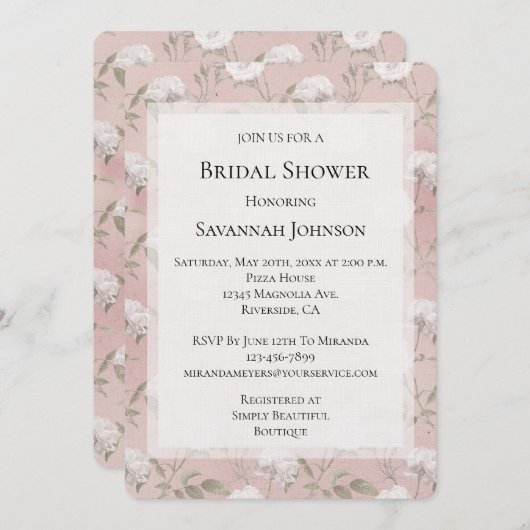 ピンク赤面バラホワイトフローラブライダルシャワー 招待状 (正面/裏面)