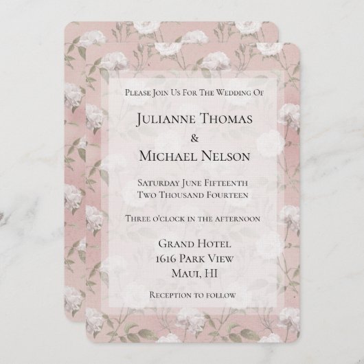 ピンク赤面バラホワイトフローラロマン結婚ティーズ 招待状 (正面/裏面)