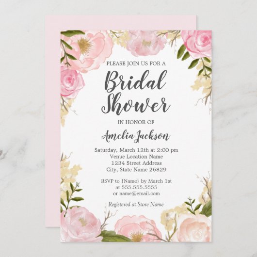 ピンク赤面バラ水彩フローラブライダルシャワー 招待状 (正面/裏面)