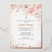 ピンク赤面バラ金ゴールドクロスフローラガールバプテスマ 箔招待状 (正面)
