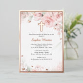 ピンク赤面バラ金ゴールドクロスフローラガールバプテスマ 箔招待状 (立ち正面)