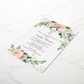 ピンク赤面バラ金ゴールドクロスリースガールバプテスマ 箔招待状 (回転した状態)