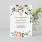 ピンク赤面バラ金ゴールドクロスリースガールバプテスマ 箔招待状 (立ち正面)