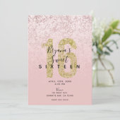ピンク赤面バラ金ゴールドグリッターマーブルグラムスウィート16 招待状 (スタンド正面)
