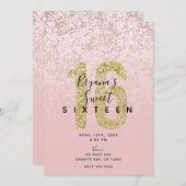 ピンク赤面バラ金ゴールドグリッターマーブルグラムスウィート16 招待状 (正面/裏面)
