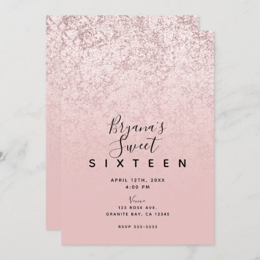ピンク赤面バラ金ゴールドグリッターマーブルグラムスウィート16 招待状 (正面/裏面)