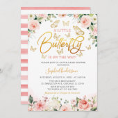 ピンク赤面バラ金ゴールドフローラバタフライベビーシャワー 招待状 (正面/裏面)