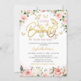 ピンク赤面バラ金ゴールドフローラバタフライベビーシャワー 招待状