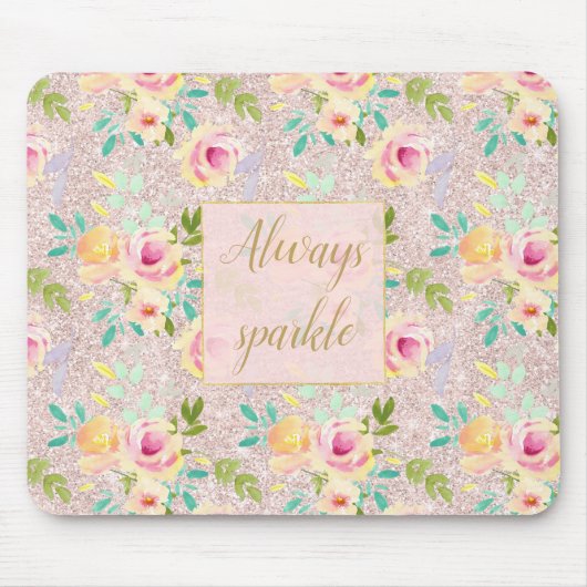 ピンク赤面フェイクグリッタースパークルフローラ水彩 マウスパッド (正面)